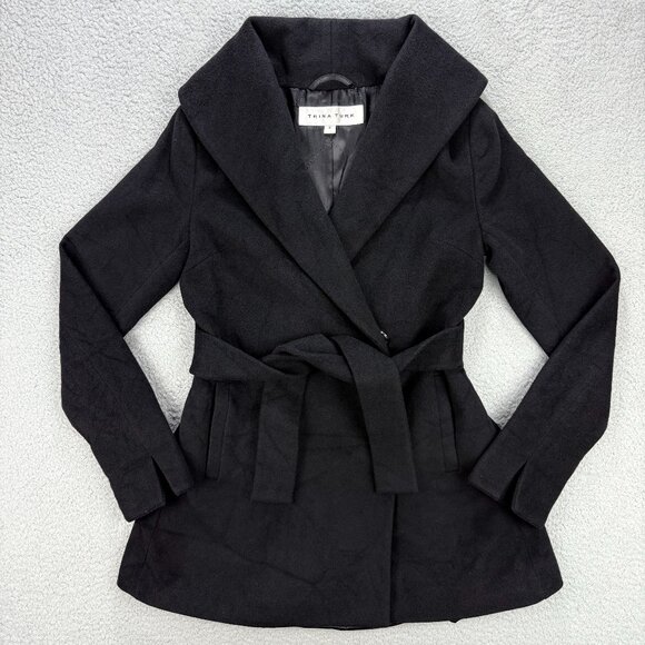 Trina Turk Coat Womens 6 Black Wool Cashmere Wrap Belted Jacket Shawl Collar - Picture 1 of 12